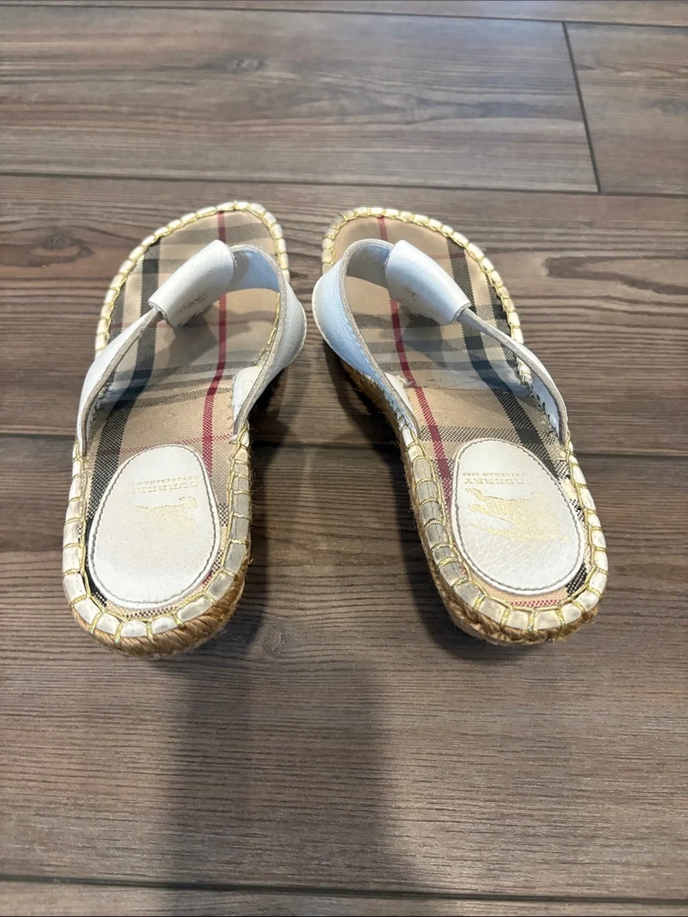 Burberry White Leather Plaid-Insole Espadrille Wedge Sandal